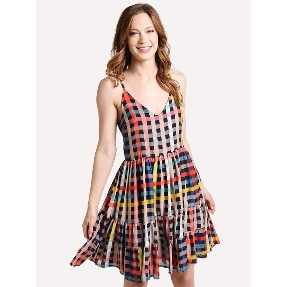 Carolina K Womens Dress XS Multicolored Plaid Marieta Sleeveless Lined Pleated